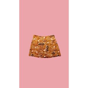 1990s ISAAC MIZRAHI Orange & Brown Island Tiki Print Faux Wrap Mini Skirt. S